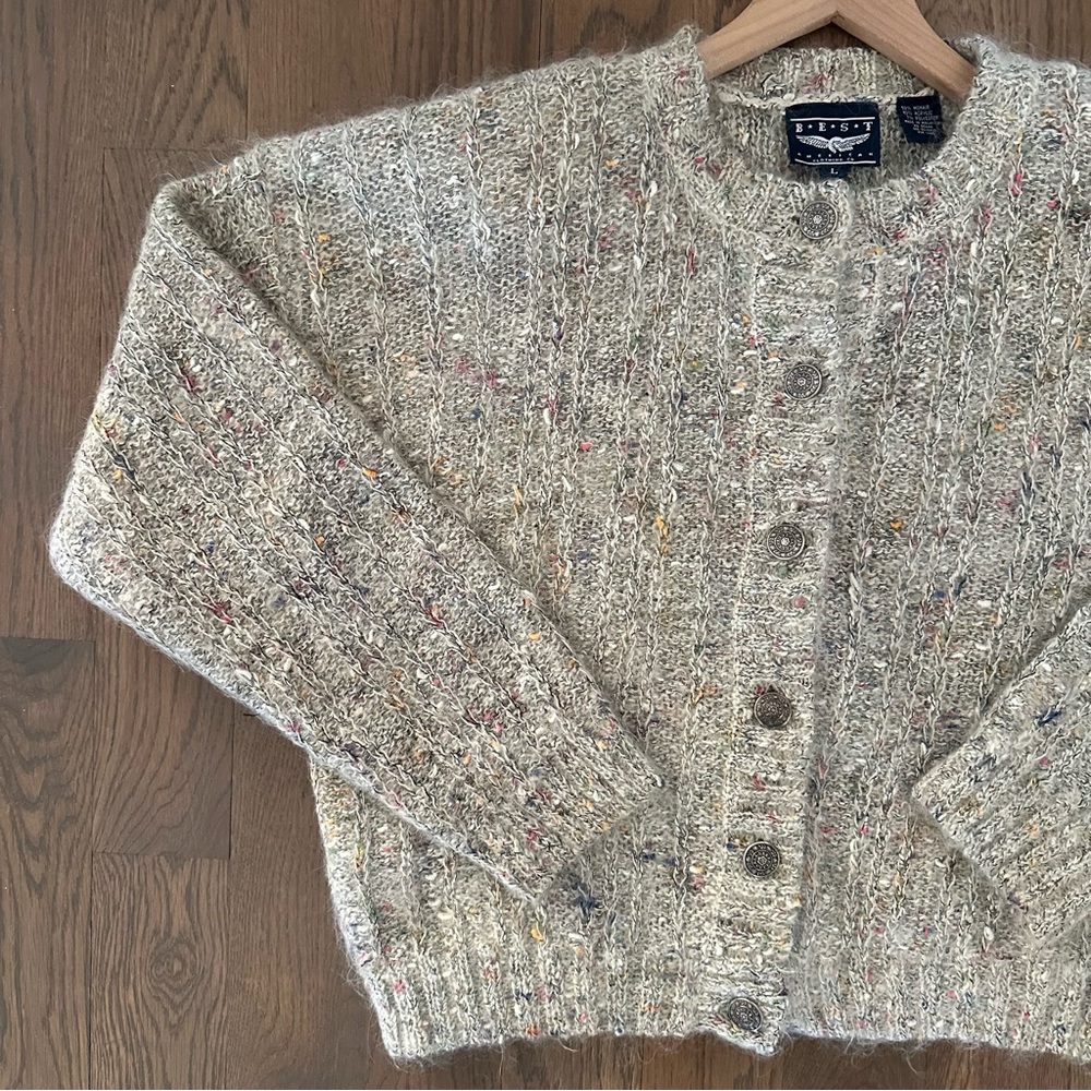 Vintage Mohair Blend Melange Knit Cardigan Sweater in Heather Oatmeal Large - Picture 3 of 8